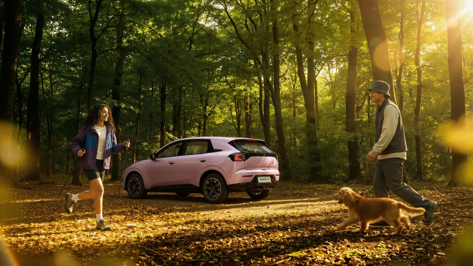 Arcfox T1 lilás em trilha na floresta
